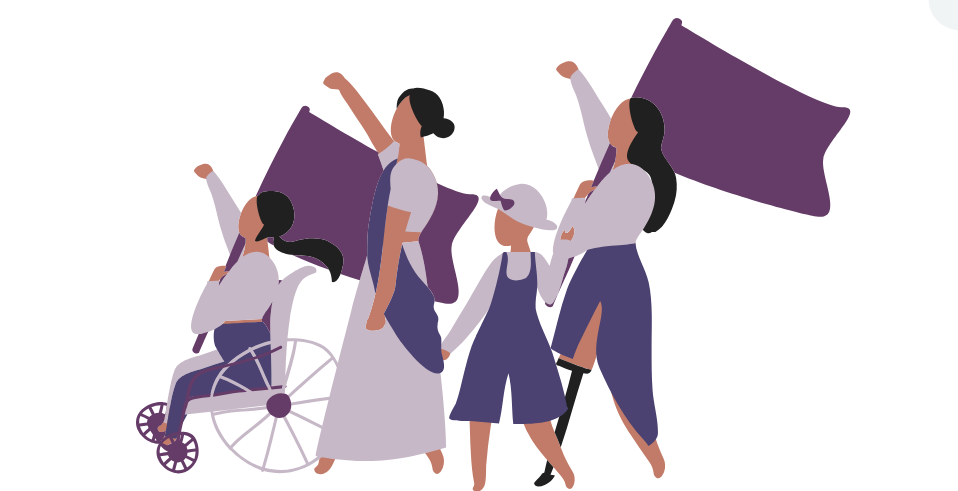 Illustration of women marching with raised flags